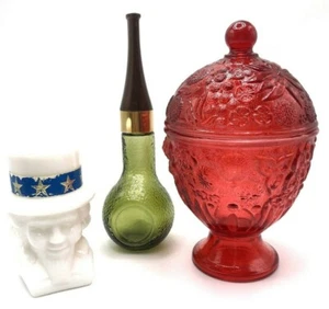 VINTAGE AVON LOT 3 POMEGRANATE CANDY DISH PIPE PERFUME BOTTLES GLASS EMPTY GREEN - Picture 1 of 12