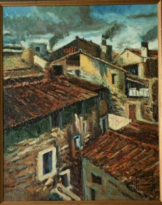 J. PARDO, Catalan Painter, Aerial view of rooftops, Oil/canvas, 31" X 25". - Image 1 of 4