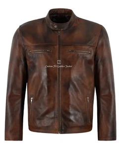 Men's Racer Leather Jacket Classic Biker Style Vintage Waxed Real Leather Jacket - Picture 1 of 6