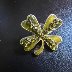 Broche Trébol Cuatro Hojas Esmalte Verde y Cristal Tono Plata Prendedor - Imagen 1 de 6