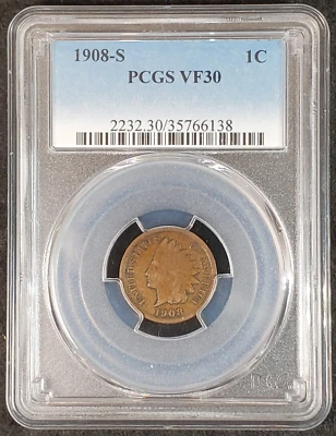 1908 S Indian Head Cent PCGS VF30 2232.30/35766138 Exquisite Coin Rare - Image 1 of 4