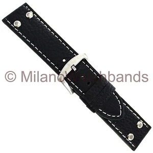 26mm Milano Black Buffalo Grain Thick Leather w/Rivets White Stitched Watch Band - Picture 1 of 3