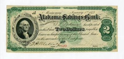 1873 $2 The Alabama Savings Bank of Montgomery, ALABAMA Note  - Image 1 of 2