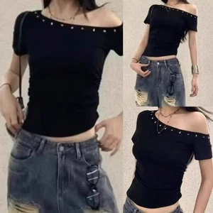 Rivet Summer T Shirt for Women Off Shoulder Slim Short Sleeve Casual Look - Picture 1 of 10