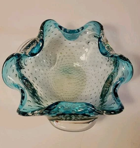 "Murano" Stil Kunst Glas gekräuselte Kanten Blasen Türkis Aqua Aschenbecher Schmuck - Bild 1 von 11