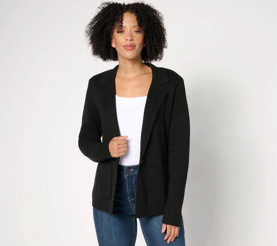 Isaac Mizrahi Live! Estate Single Button Milano Stitch Sweater Blazer Jacket Bla - Image 1 of 1