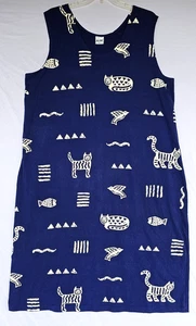 M. Mac Damen Kleid Größe 3X Blau Weiß Katze Fisch Vogel Print Ärmellos Sommerkleid - Bild 1 von 5
