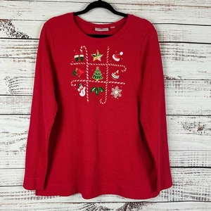 Womens NWOT Quacker Factory Red Waffle Knit Embroidered Christmas Holiday Top LG - Picture 1 of 7