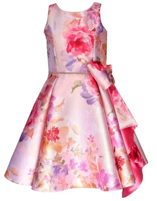 NWT Bonnie Jean Girls 10 Floral Mikado Dress Bow Cascade Ruffle Jewel Waist - Image 1 of 3