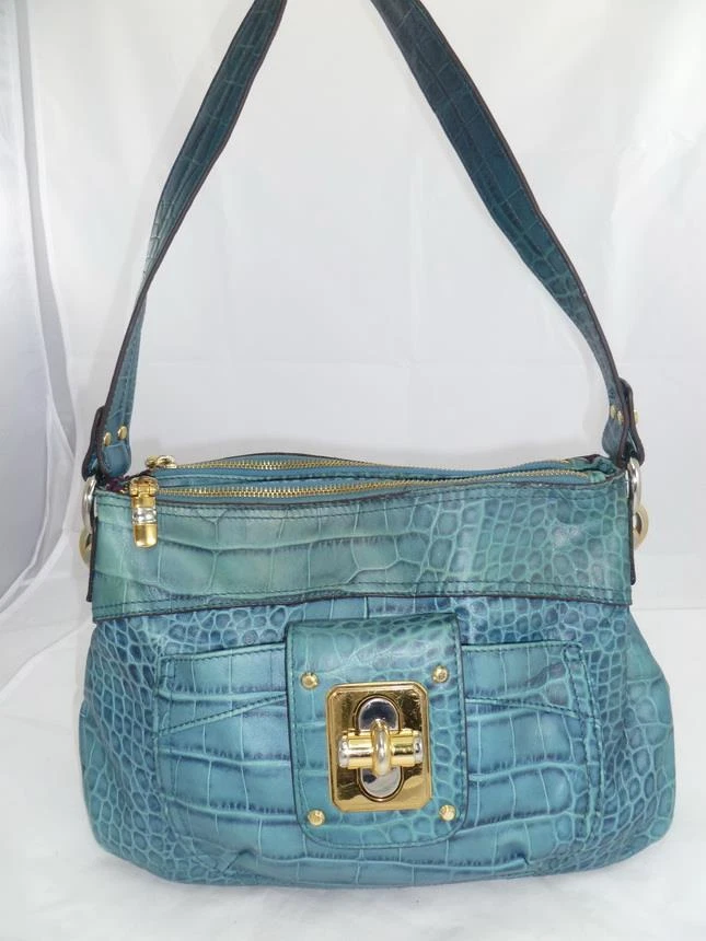 B MAKOWSKY USED CROC EMBOSSED TURNLOCK TEAL LEATHER HOBO/SATCHEL/SHOULDER BAG - Image 1 of 1