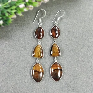 Tiger's Eye Gemstone 925 Sterling Silver Drop Earrings 3"Jewelry Gift for Her - Imagen 1 de 5