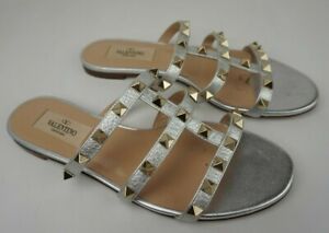 Valentino Rockstud Gladiator Slide Sandals Silver Leather Women's Size 35