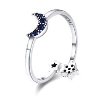 Sterling Silver Sparkling Blue Moon & Star Adjustable Hypoallergenic Ring