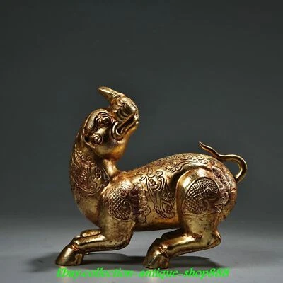 5" Antigua Dinastía China Bronce Dorado Feng Shui Dragón Unicornio Bestia Animal Estatua Foto 1 de 4