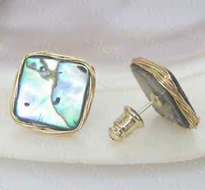 AAA natural Studs square 15mm Multicolor Abalone shell Earrings post c1143