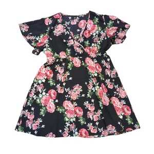 POSESHE Black and Pink Rose Floral Print Flutter Sleeve Dress Women's 3XL - Picture 1 of 6
