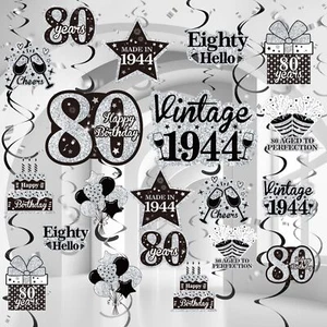 Black Silver 80th Birthday Decorations Hanging Swirls for Men Women 30pcs 80t... - Picture 1 of 7