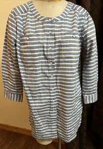 Duluth Trading Co. M Women's Blue Striped 3/4 Sleeve Tunic Top-pockets-/coverup - Picture 1 of 9