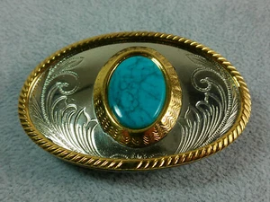 VTG Gold Rope Trim German Silver Etched Scroll Turquoise Stone Rodeo Belt Buckle - Picture 1 of 14