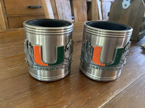 (2) Miami Hurricanes Insulated Stainless Steel Can Cooler Coozie Licensed RARE Cover