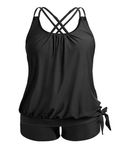 Black Women Plus Size Two Piece Tankini Swimsuit Tummy Control Bathing Suits ... - Picture 1 of 6