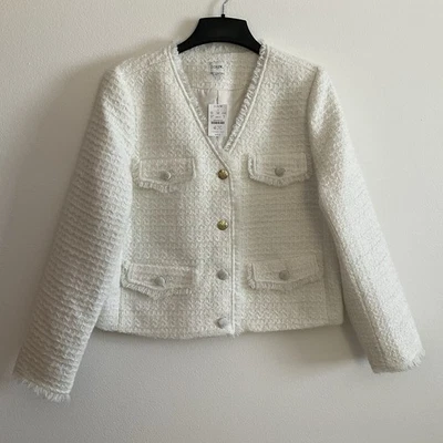 J. Blazer Crew Mujer 16 Blanco Tweed Mezcla Lana Bolsillos Dorado Botón Nuevo con Etiquetas Foto 1 de 4