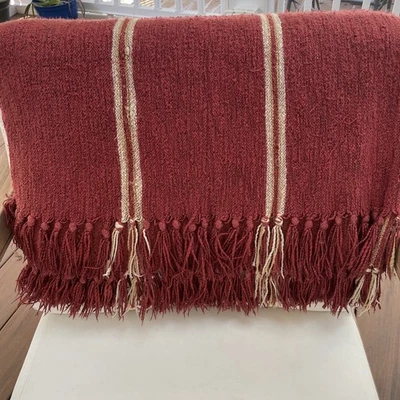 Woolrich Acrylic Polyester Fringed Throw Blanket Terracotta Stripe 54" x 48" - Image 1 of 4