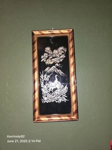 Vtg Lacquered Wood Framed Mother Of Pearl Inlay Mt. Fuji & Crane Made In Korea - Picture 1 of 10