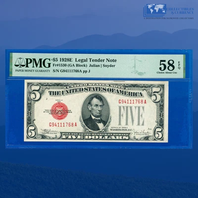 Fr.1530 1928E $5 Five Dollars Legal Tender Note, G/A Block, PMG AU 58 EPQ #11768 - Image 1 of 3