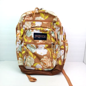 JanSport Cool Student Tan Pink Floral Leather Bottom 18"x14" Book Bag Backpack - Picture 1 of 16