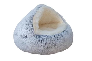 Calming Round Dog Bed & Cat Cave with Hooded Cover, Plush Fluffy Anti-Anxiety... - Picture 1 of 6