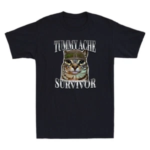 Tummy Ache Survivor Funny Cat Meme Humor Saying Cats Animals Retro Men's T-Shirt - Picture 1 of 8