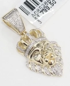 Sale 10K Yellow Gold Natural Diamond Lion Face King Crown Jungle Charm Pendant - Picture 1 of 11