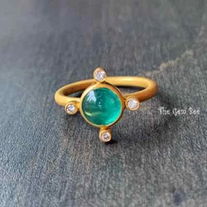 18K Solid Yellow Gold Diamond 1.23CT Emerald Cabochon Bezel Ring Size 5 - Picture 1 of 9
