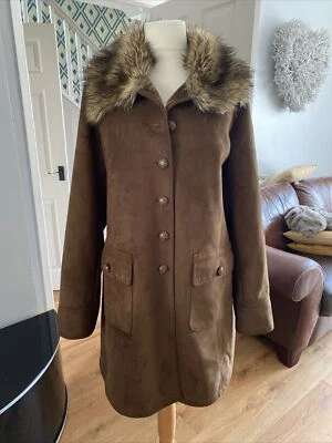 Centigrade Faux Sheepskin Suede Coat Size XL Brown Faux Fur Collar Stud Detail - Image 1 of 4