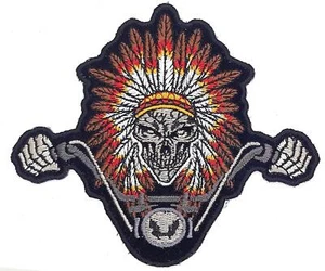 Indian Chief On Motorcycle Skull Iron On Embroidered Patch 4 1/4"x 3 5/8" - Picture 1 of 2