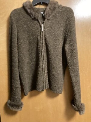 Vintage Carole Little Sz L Faux Fur Trim Brown Cardigan Wool Blend Hooded ZipUp  Foto 1 de 4