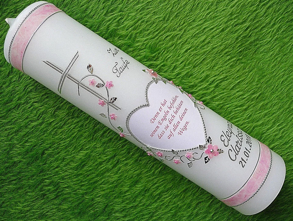 HANDARBEIT Handverzierte Taufkerze Spruch Mädchen rosa
