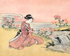 Impresión artística japonesa de mujer recogiendo crisantemo 8x10 8"x10" - Imagen 1 de 3