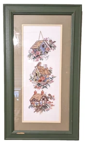 Framed/Matted w/Glass Cross Stitch Birdhouses Birds Flowers 16x27 Elsa Williams? - Picture 1 of 7