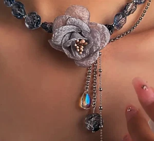 ZARA BLUE ROSE Flower Lucite Choker Crystal Silver Necklace Dangling Boho ELEGAN - Picture 1 of 5