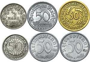 Germany Deutsches Reich BUNDLE Set 6 Coins 50 Pfennig 1905-1944 LOT with Silver - Picture 1 of 2