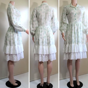 Dolly Parton Shirtwaist Kleid S M Handmade Vintage 70er Blumen transparent Puffärmel - Bild 1 von 10
