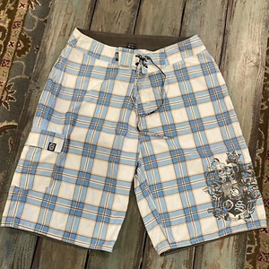 LOST 34 Boardshorts Skull, Logo, Blue / Brown Plaid, Surf, Swim, Excellent Cond. - Picture 1 of 6