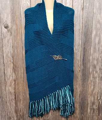 NOVO envoltório de xale longo de malha azul-petróleo tricotado à mão boho hippie malha com franjas - Imagem 1 de 4