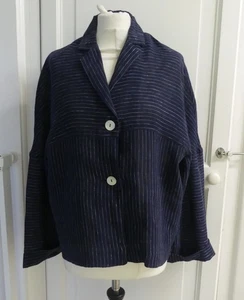 OSKA Navy Blue Striped 90% Linen 3/4 Sleeve Jacket Size 3 regular / UK 16-18 - Picture 1 of 4