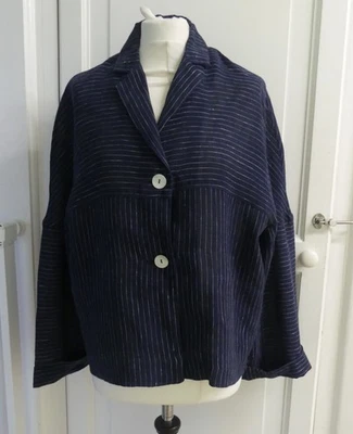 OSKA Navy Blue Striped 90% Linen 3/4 Sleeve Jacket Size 3 regular / UK 16-18 - Image 1 of 4
