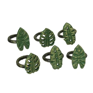 Set of 6 Green Bronze Cast Iron Tropical Leaf Napkin Rings Dining Decor - Picture 1 of 6