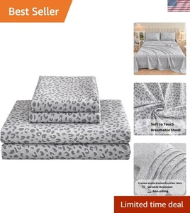 Sábanas completas resistentes a la decoloración con estampado de leopardo gris plateado - microfibra de fácil cuidado - Imagen 1 de 9