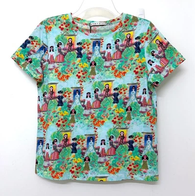 NWT Alice + Olivia Rylyn Palace Print T Shirt Tee Blue Green Floral Stace Face M - Image 1 of 4